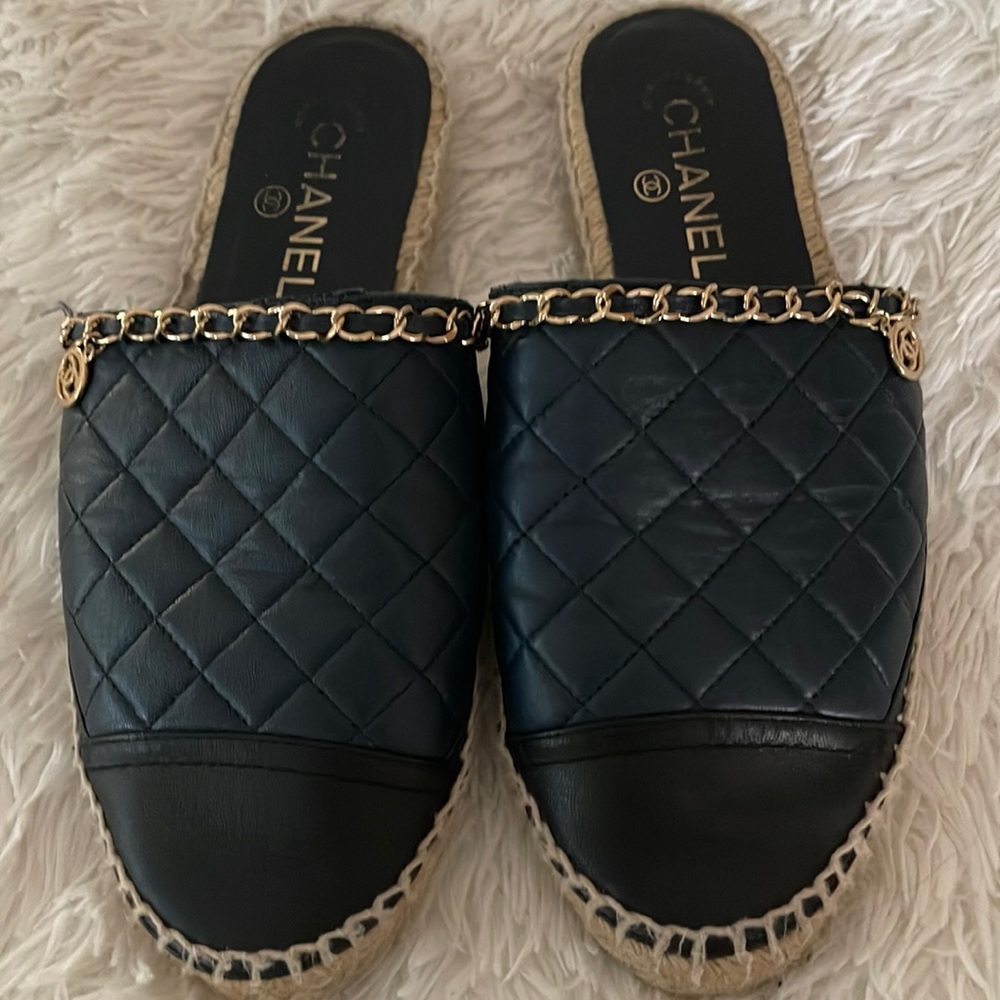 Navy and Black Chanel espadrilles gold hardware